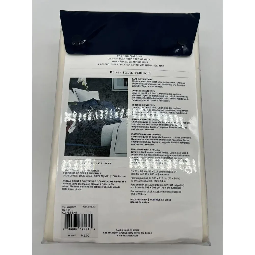 Ralph Lauren RL464 Solid Percale King Flat Sheet Regata Cream Bed Sheet New